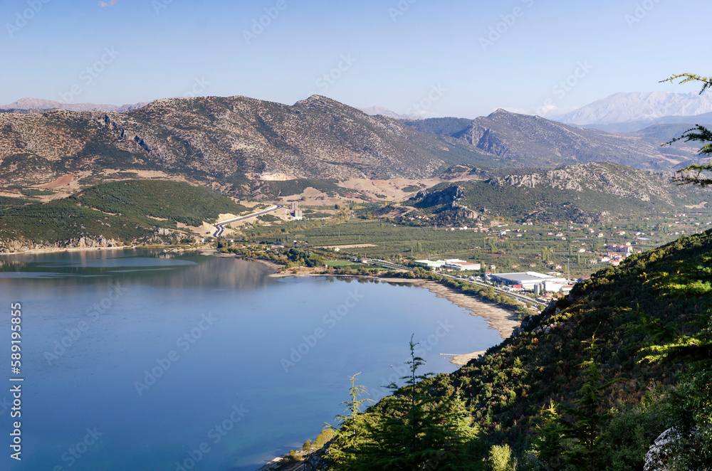 amazing lake Egirdir the most peaceful place for summer, Turkey, Isparta view from the top of the mountain to the city of Egridir on Lake Egridir