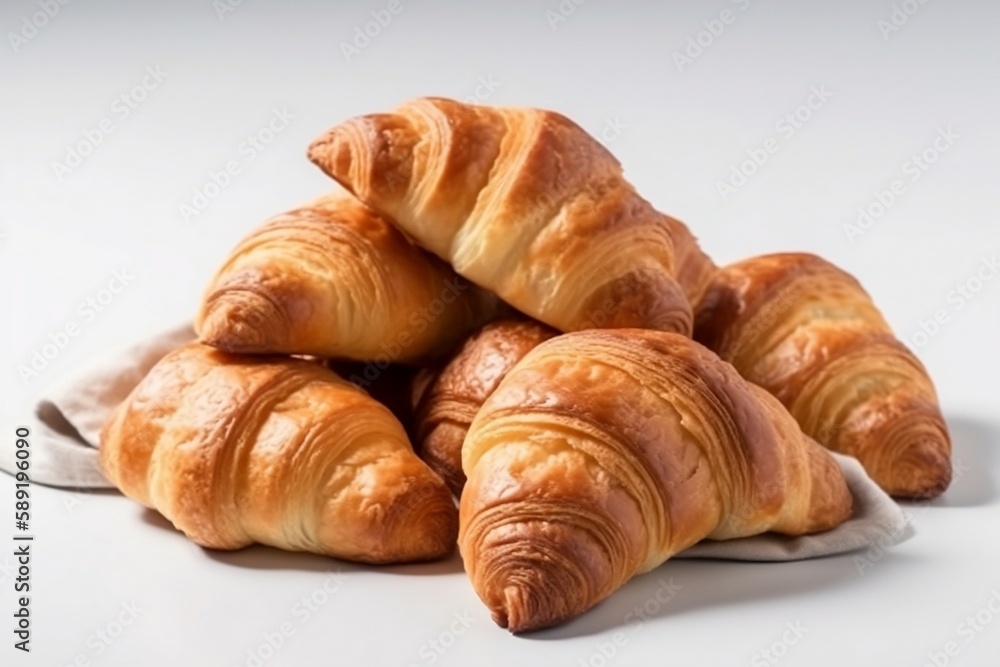 Six fresh golden croissants on a white background .Generative AI