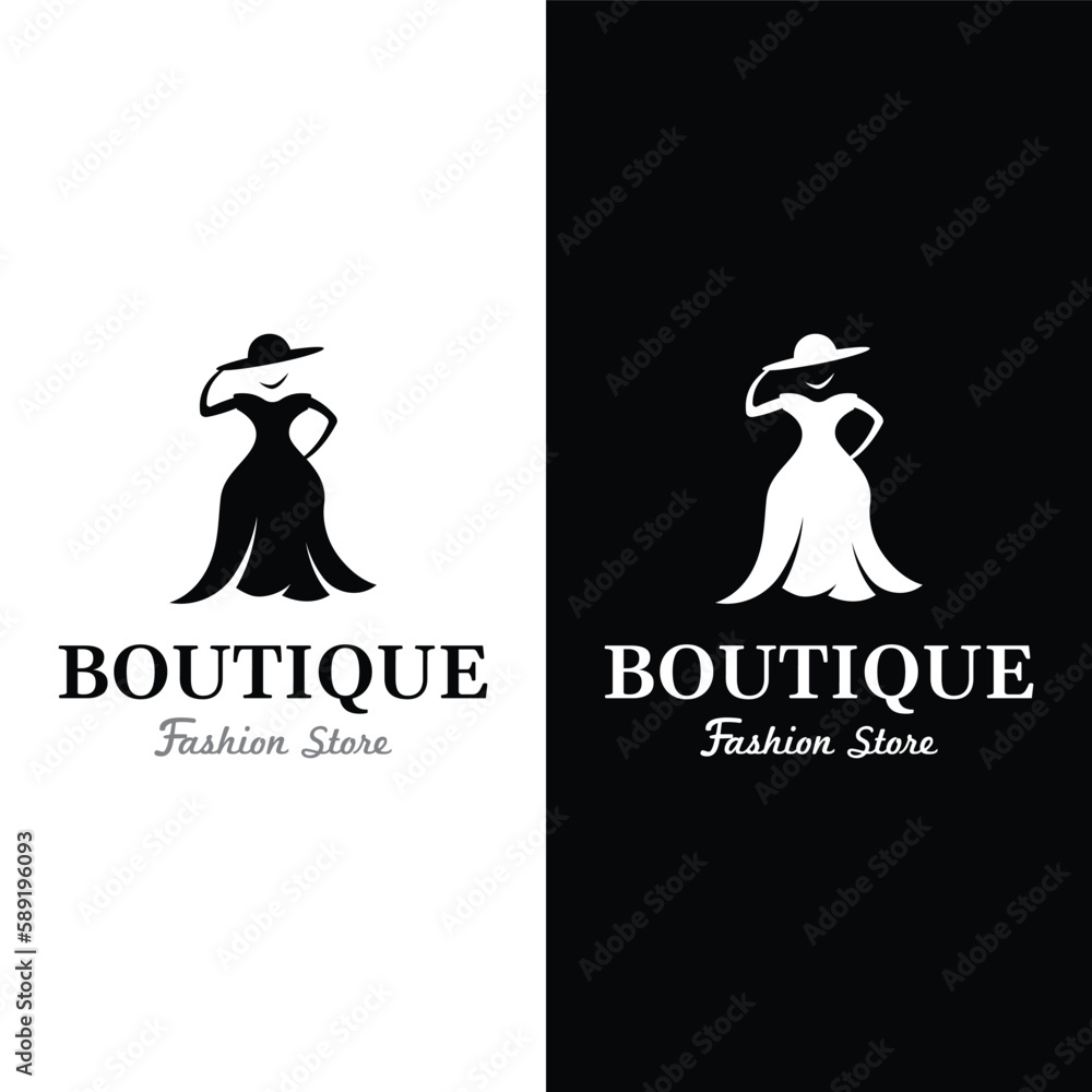Obraz premium Women fashion logo template with clothes hanger, luxury clothes.Logo for business,boutique,fashion shop,model,shopping and beauty.