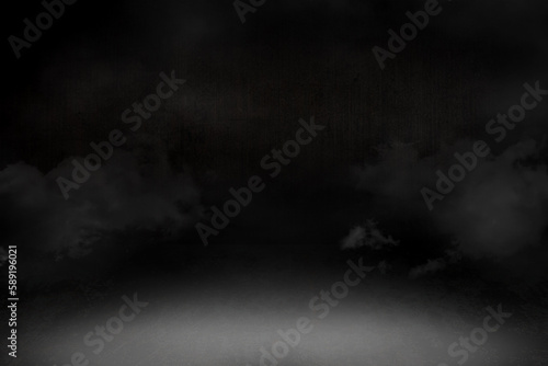 foggy empty dark room, smoke and fog over concrete floor, defocused and abstract background