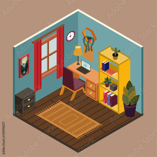 Work room isometric style vector retro color