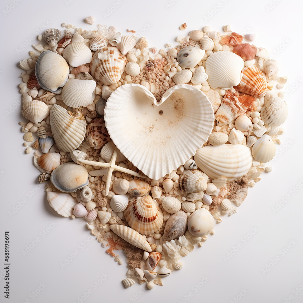 Heart shape composition of sea shells and starfishes, flatlay, Generative AI Heart shape composition of sea shells and starfishes, flatlay, Generative AI