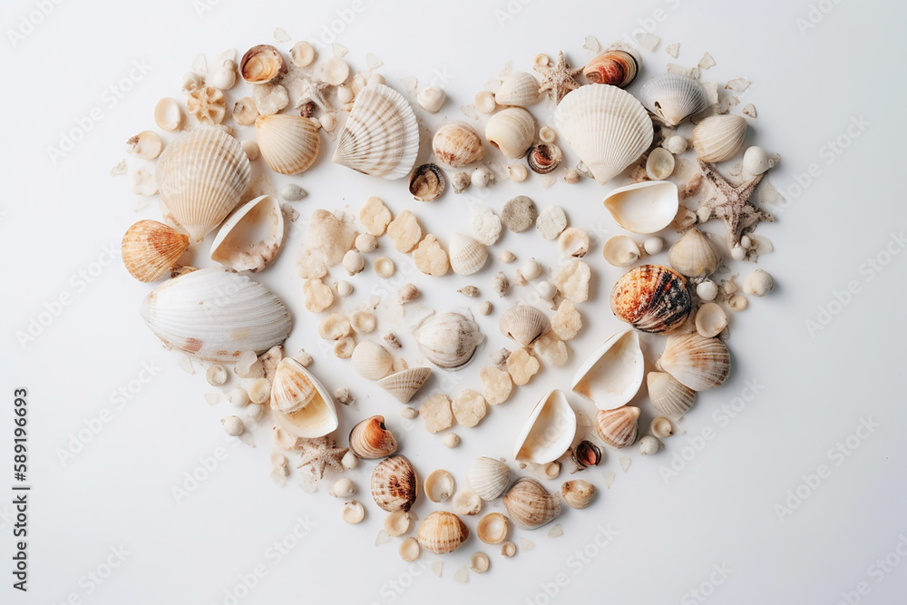 Obraz premium Heart shape composition of sea shells on white background, flatlay. Generative AI