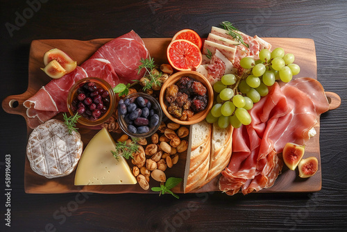 Cold cuts, cheese, fruits on the wooden cutting board, top view. Generative AI