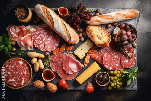 Cold cuts, cheese, olives and bread on the wooden cutting board, top view. Generative AI