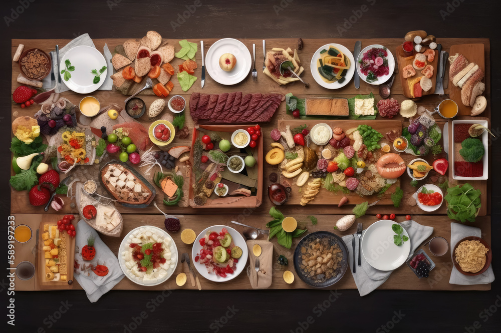 Assortment of food on the table. Generative AI Assortment of food on the table. Generative AI