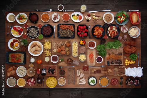 Table filled with large variety of food. Abstract food background. Generative AI