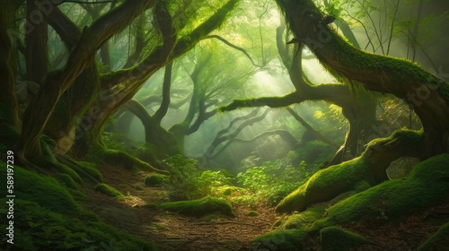 Fantasy forest with old trees in morning mist. Sun rays in fog. Mossy old trees. Generative AI