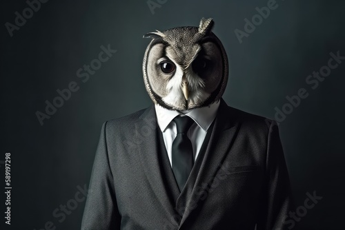 Businessman in a suit with an owl's head on a dark background. Business and finance concept, smart and smart boss ruling the company, accountant. Generative AI. © Sebastian