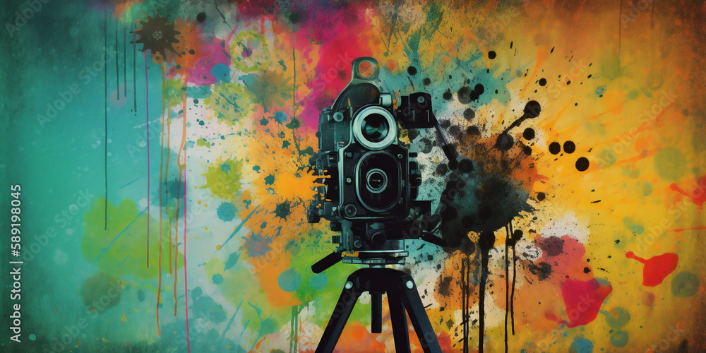 Classic movie camera on abstract modern background, cinema lovers illustration, Generative AI