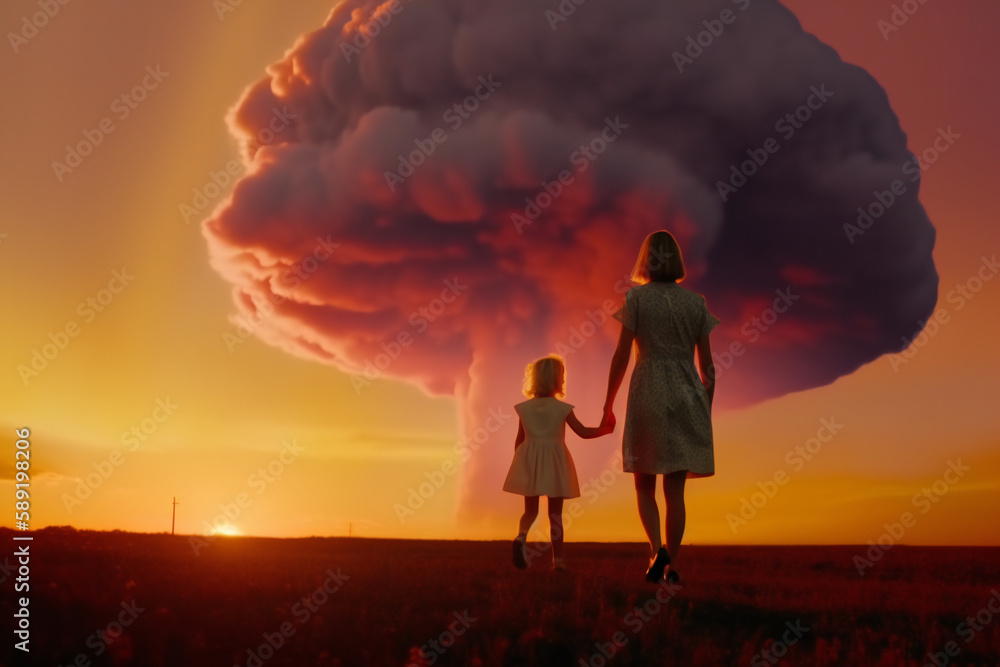 Mother and daughter holding hands an a nuclear bomb explodes, generative AI Mother and daughter holding hands an a nuclear bomb explodes, generative AI