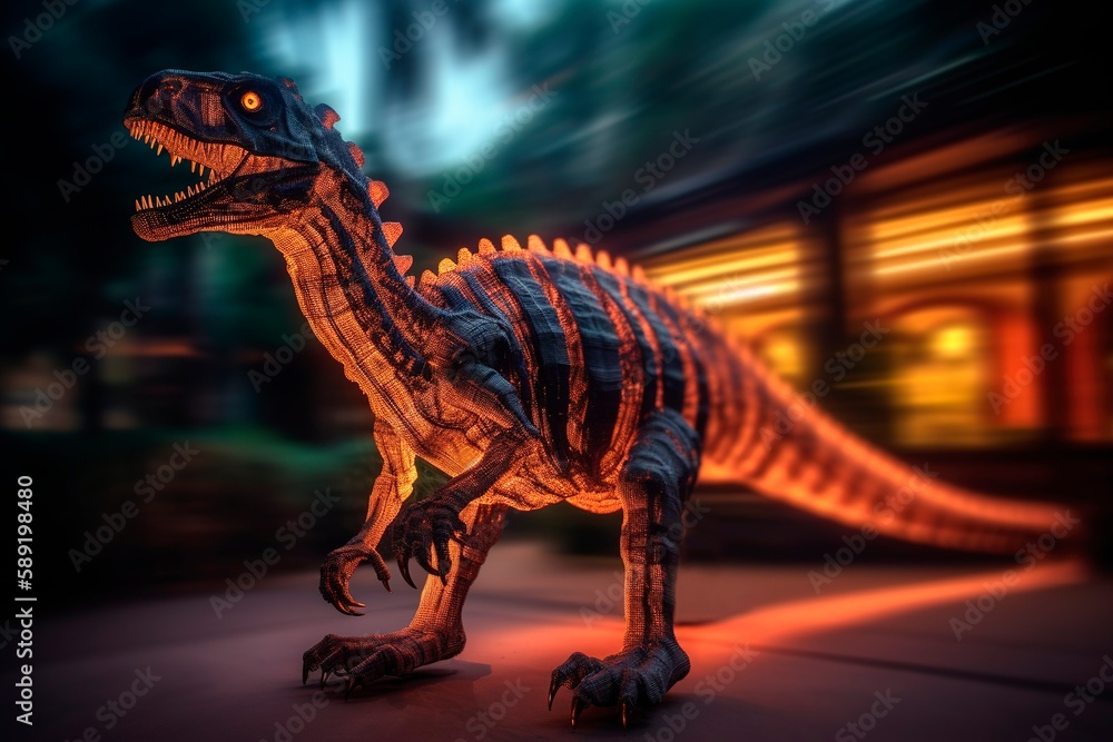 Obraz premium A glowing dinosaur on a dark street. Generative AI