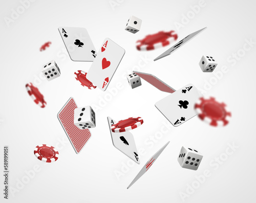 Falling aces, poker chips and dice. Casino game concept. Isolated.