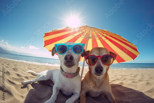 A couple of Toy Terrier dogs in sunglasses under an umbrella lie on the beach near the ocean. Vacation and tourist season concept. Generative AI © OleksandrZastrozhnov