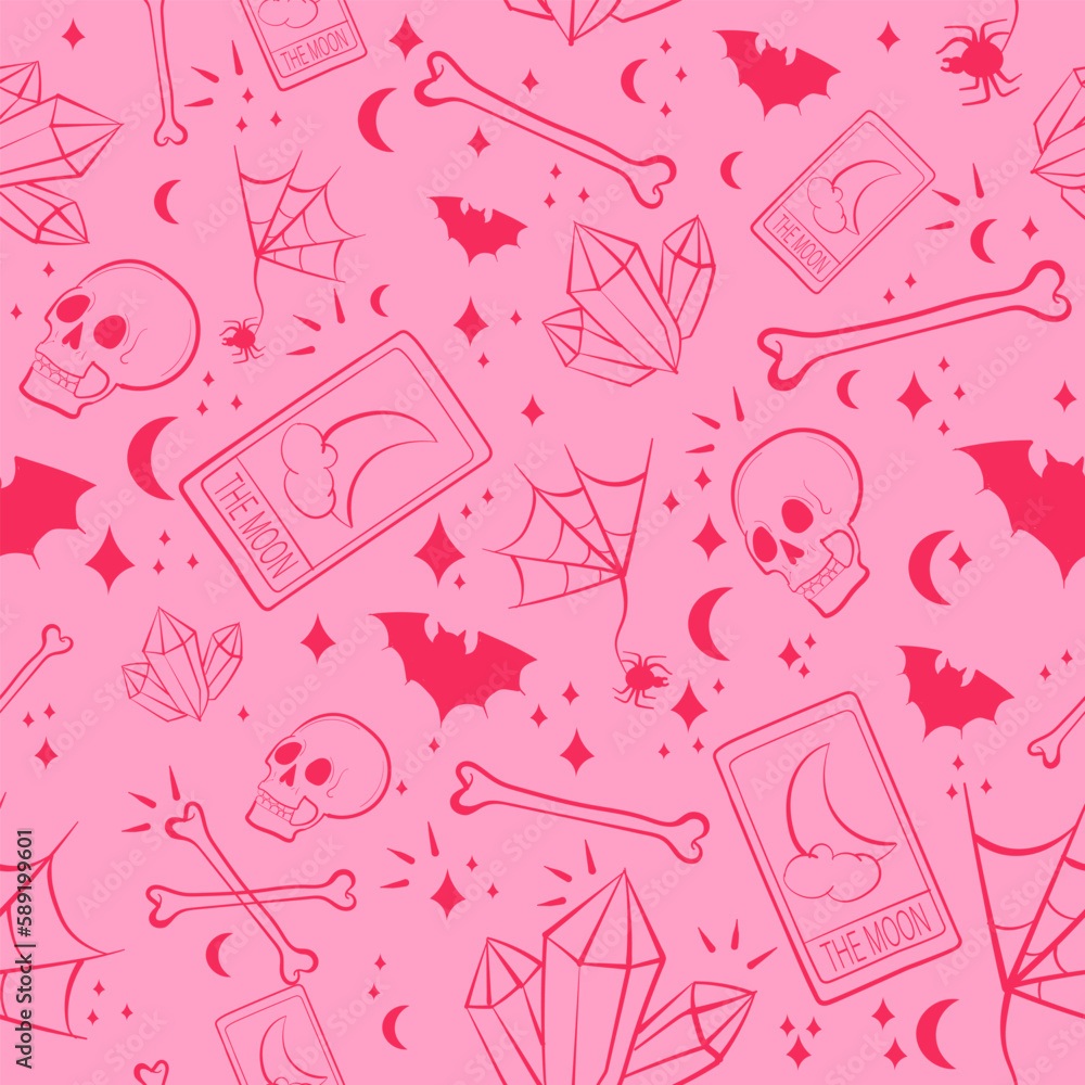 Pink occult seamless pattern with skulls, bones, bats, gems and tarot cards. Pastel goth background with wiccan and spiritual elements.