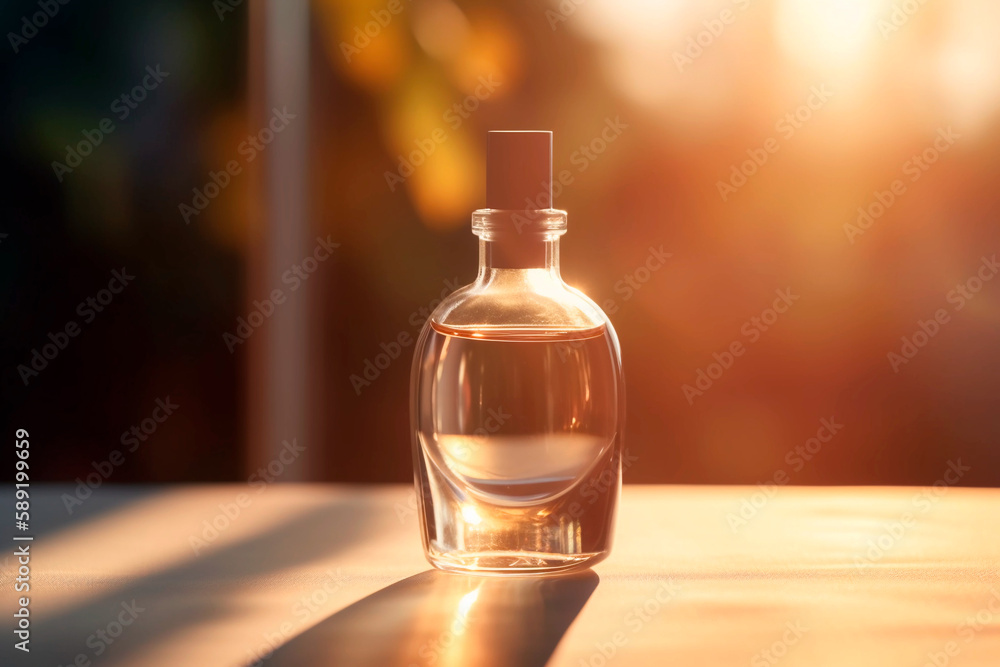A white transparent bottle with serum or parfume in the rays of the sun. Generative AI A white transparent bottle with serum or parfume in the rays of the sun. Generative AI