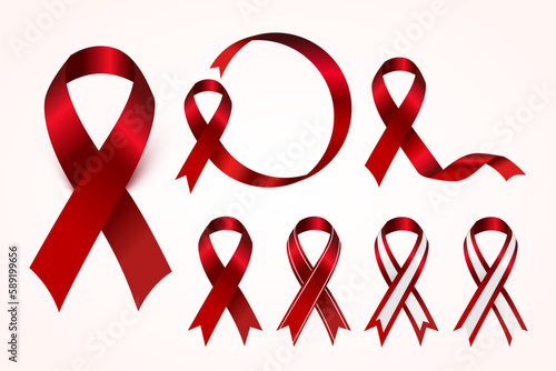 Red awareness ribbon. Used to raise awareness and show support for the fight against HIV/AIDS, and also symbol for heart disease, stroke, substance abuse, and more.