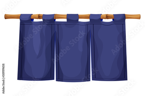 Traditional japan curtain on bamboo stick in cartoon style isolated on white background. Customer entrance cloth decoration