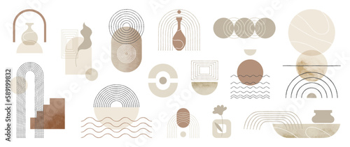 Hand drawn abstract minimal element mid century vector set. Aesthetic contemporary stripe line art, watercolor geometric shapes in earth tone. Art form design for wall art, decoration, wallpaper.