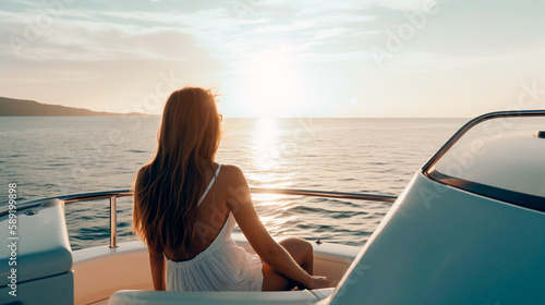View from behind woman relaxing on a luxury boat. Generative AI © KEA