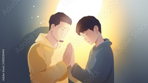 This heartwarming image shows a father and child praying together against a light background. Generative AI