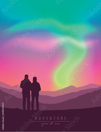 couple on mountain view with beautiful polar lights in colorful sky