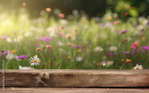 Wooden table in a summer meadow product display with lush green bloomed flower background of grass and blurred plants Generative AI