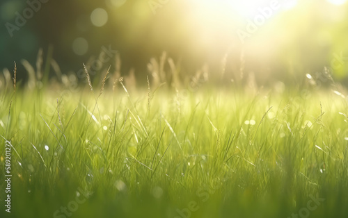 bright fresh green grass summer meadow background, Generative AI