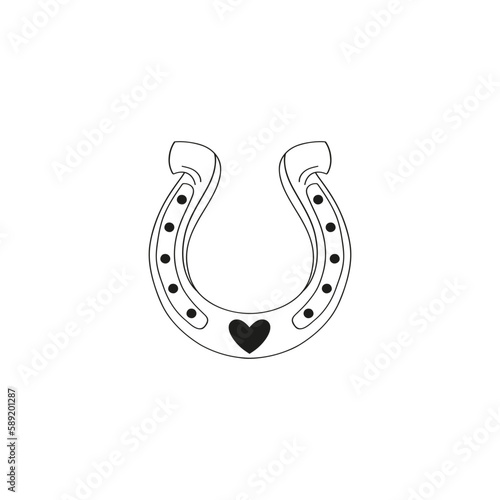Howdy Valentines Day love horseshoe with heart vector illustration isolated on white. Linear colouring page Wild west peace of luck print for 14 February holiday. photo