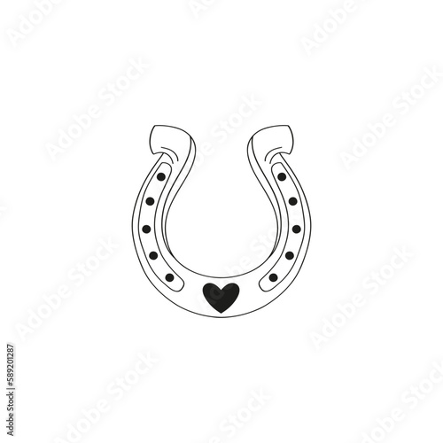Howdy Valentines Day love horseshoe with heart vector illustration isolated on white. Linear colouring page Wild west peace of luck print for 14 February holiday.