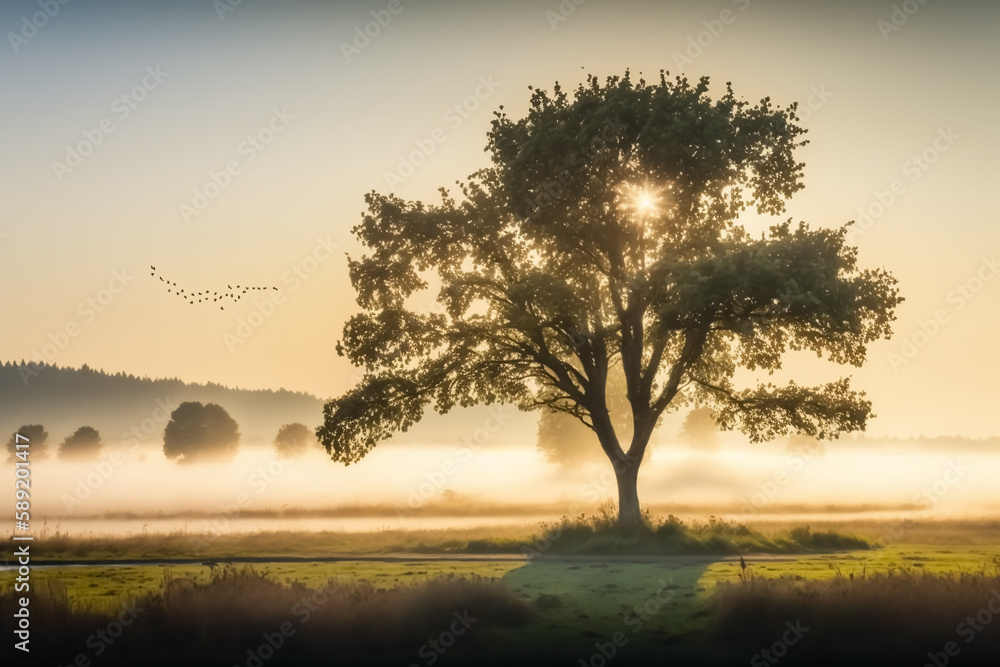 Tree standing on field at sunrise with fog - theme conservation, freshness or ecology - Generative AI