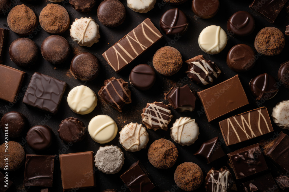 Assortment of fine chocolate candies white dark and milk chocolate Sweets background Assortment of fine chocolate candies white dark and milk chocolate Sweets background