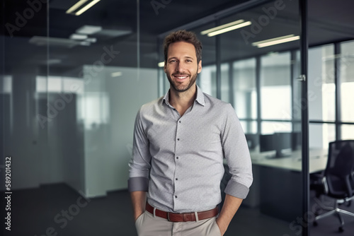 Mann in Hemd steht im modernen hellen Büro - Thema Gründung, Unternehmens-Software oder Start-Up - Generative AI