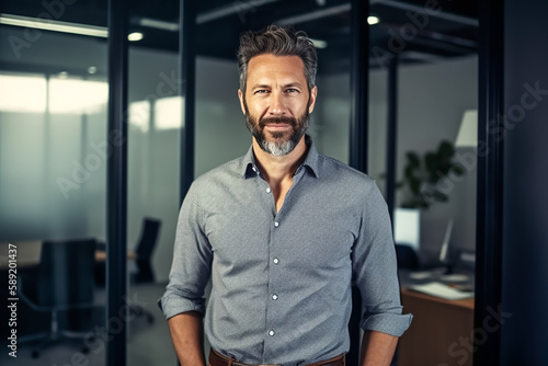 Portrait business man with shirt stands in modern office and looks at camera - theme success, boss, boss or career - Generative AI