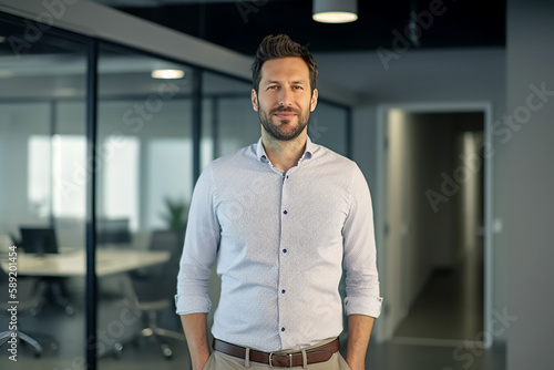 Business Mann mit Hemd steht zufrieden und selbstbewusst im modernen Büro - Thema Erfolg, Karriere oder Vorstand - Generative AI