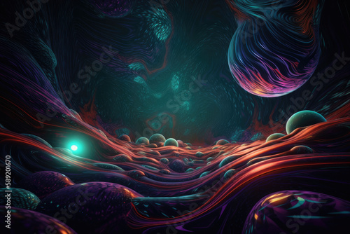 A magical realistic glowing hyper - realistic futuristic colorful mesmerizing  cyber hypnotic pattern in the style of dimensional illusion of a landscape with glowing moon and star. 