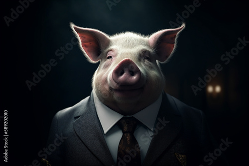 Pig dressed in a fancy bsuinessman or politician suit. Conceptual illustration. Generative AI
