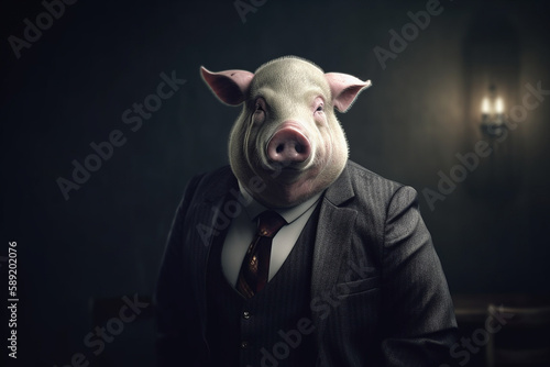 Pig dressed in a fancy bsuinessman or politician suit. Conceptual illustration. Generative AI