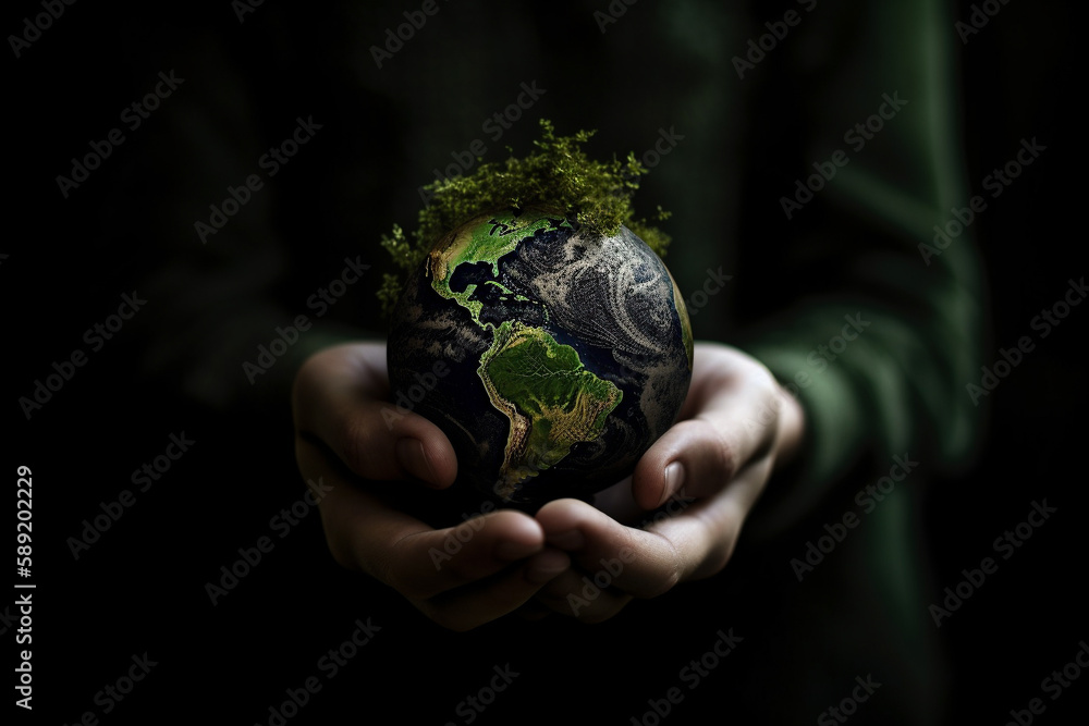 Hands holding Planet Earth. Earth Day conceptual illustration. Generative AI Hands holding Planet Earth. Earth Day conceptual illustration. Generative AI