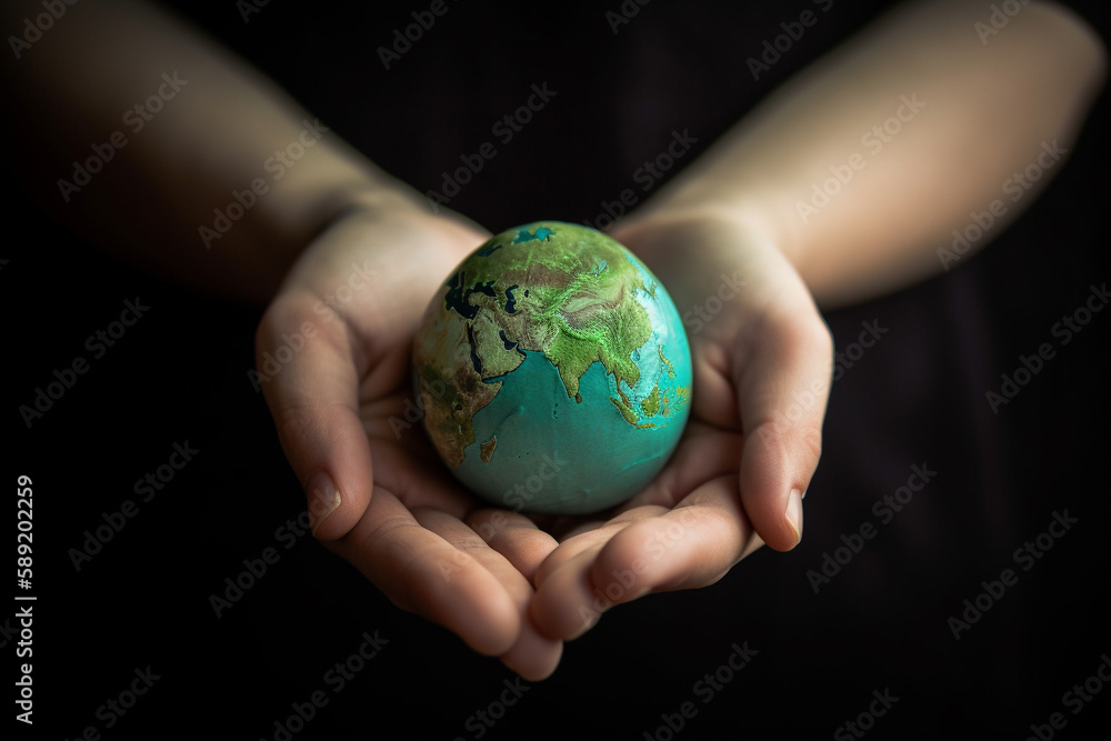 Hands holding Planet Earth. Earth Day conceptual illustration. Generative AI Hands holding Planet Earth. Earth Day conceptual illustration. Generative AI