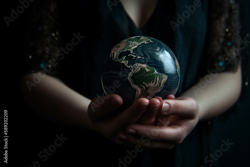Hands holding Planet Earth. Earth Day conceptual illustration. Generative AI