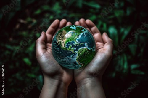 Hands holding Planet Earth. Earth Day conceptual illustration. Generative AI