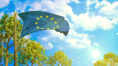 flag of European Union at sunny day, comfort temperature symbol - nature 3D illustration