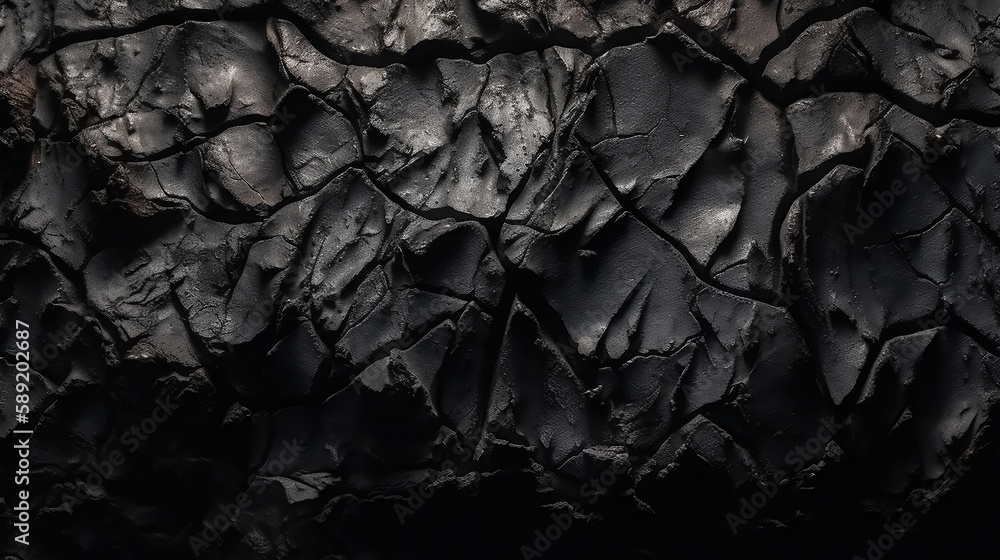 Volumetric rock texture with cracks. Black stone background with copy space for design. Generative AI.