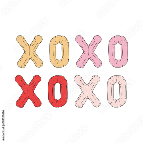 St Valentine Day decorations hugs and kisses xoxo air balloon vector illustration set isolated on white. Red pink balloons holiday romantic decor collection print for 14 February holiday.