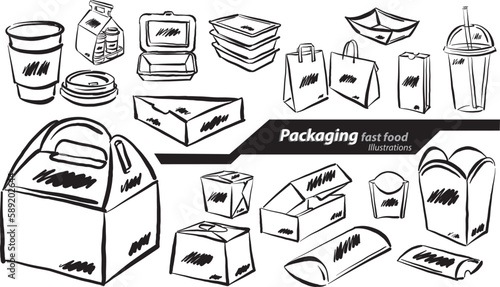 packages of fast food marketing products brush stroke vector illustration