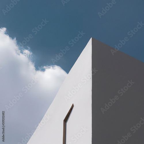 A creative image from the geometric composition of a part of a modern building and a blue sky with clouds. The image was created with Generative AI technology.