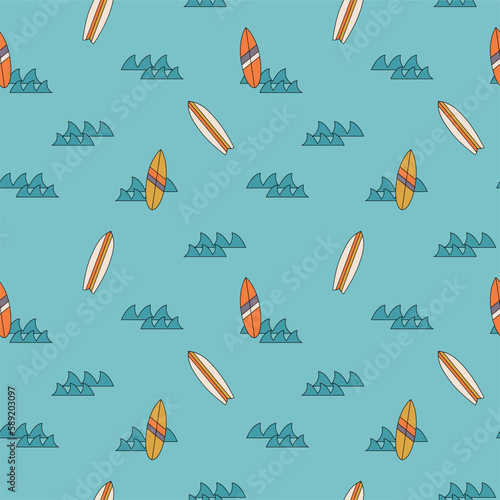 RESORT HOBBIES AND LEISURE SKATING SURF BORAD WITH SHARK NAUTICAL ALL OVER PRINT SEAMLESS PATTERN VECTOR