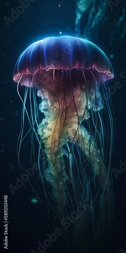Glowing jellyfish under water. Generative AI © Scrudje