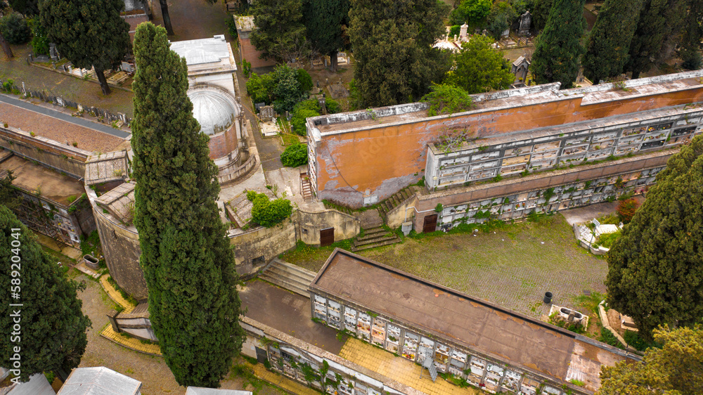 Aerial view of Campo Verano, a monumental cemetery located in the historic center of Rome, Italy. The cemetery has Christian catacombs and many graves of famous people.
